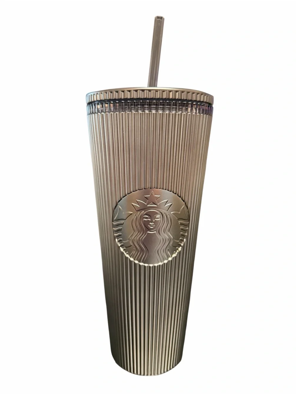 Starbucks 2025 Holiday Metallic Bronze Ribbed Cold Cup Tumbler 24oz Straw New